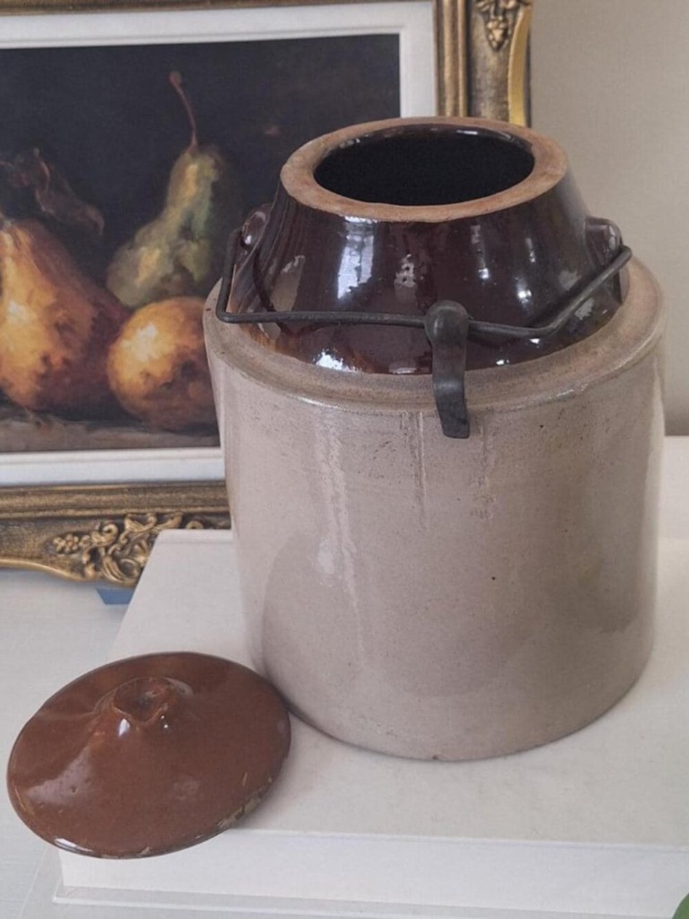 Antique Weir Style Crock 1/2 Gallon Salt Glazed Stoneware Jar bail lid vintage